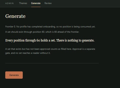 The admin console Generate view
