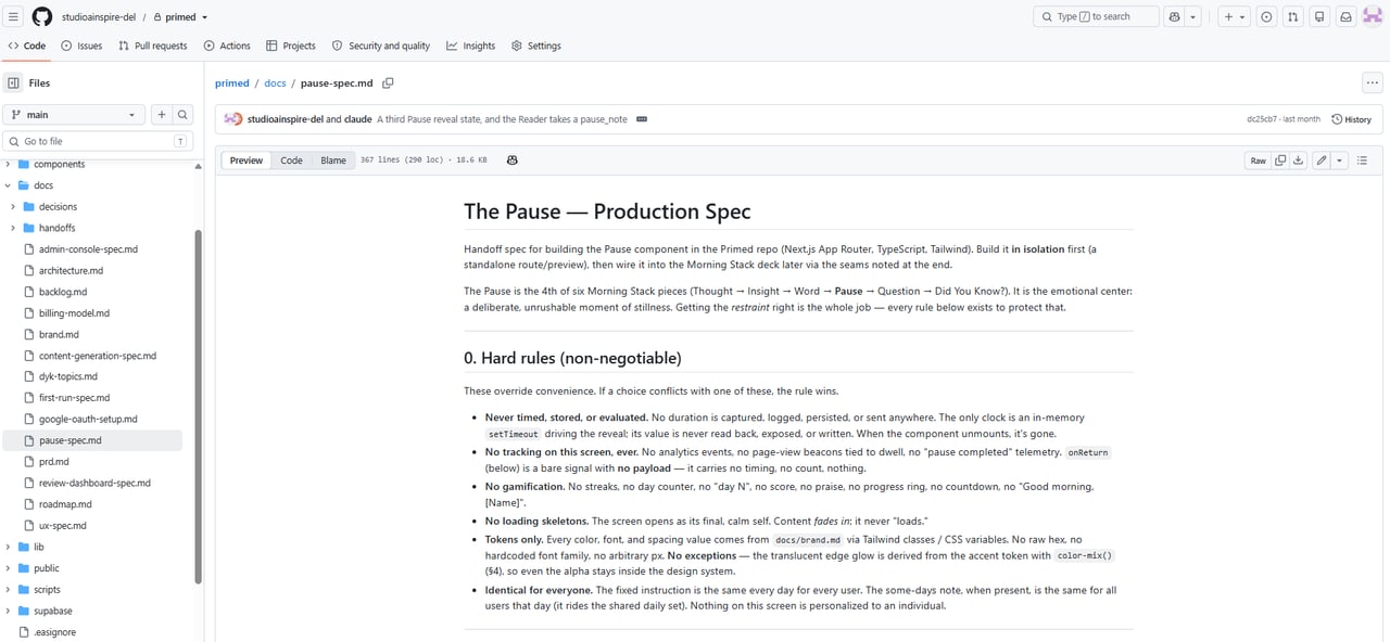 The Primed repository on GitHub, docs folder open