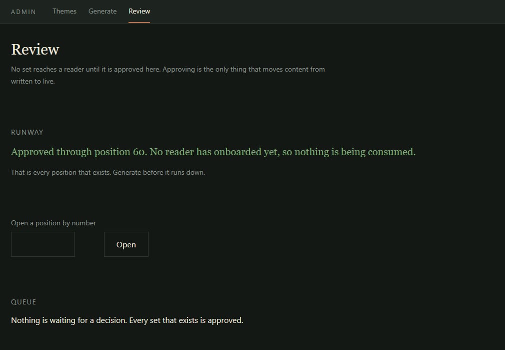 The admin console Review view
