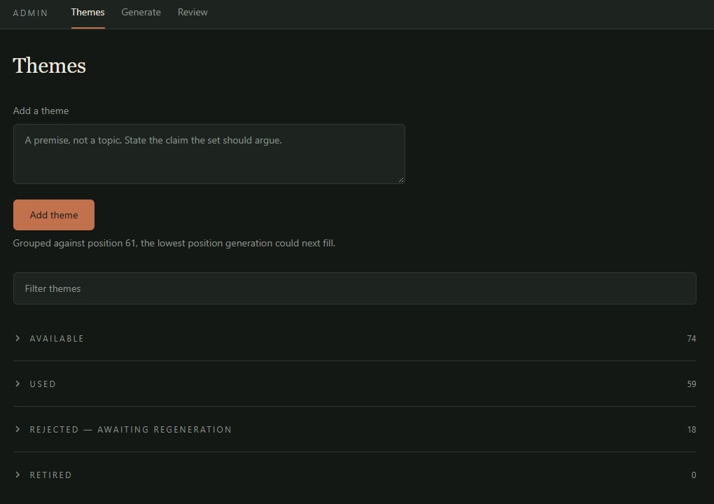 The admin console Themes view