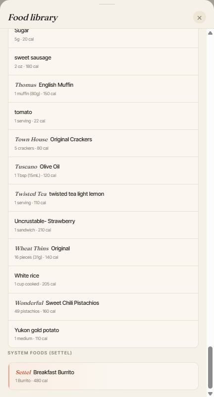 The Daily Log food library, with Settel meals as system foods