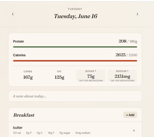 One day in Daily Log: protein and calories against targets
