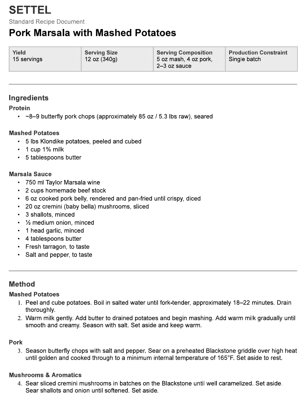 A Settel Standard Recipe Document for Pork Marsala